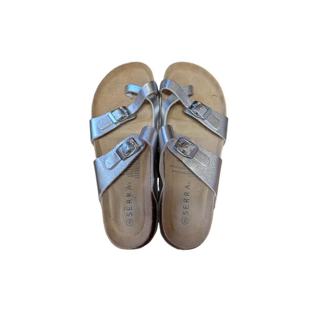 Serra Womens Silver Metallic Toe Loop Buckle Cork Footbed Sandals Size 8 - Picture 4 of 5